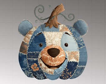 Vintage Pooh-pompoen png, herfst patchwork bloemensublimatie, schattige Winnie herfst png, rustieke berengezicht ontwerp Thanksgiving Country