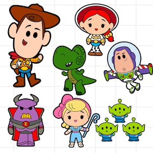 May include: A selection of cartoon character stickers including Woody, Jessie, Rex, Buzz Lightyear, Zurg, Bo Peep, and three Little Green Men. Each character is outlined in black with vibrant colours.