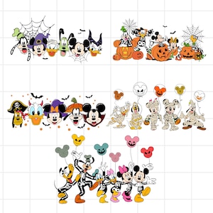 Puede incluir: Una colección de ilustraciones digitales con personajes de Disney en disfraces de Halloween. Los diseños incluyen personajes vestidos de momias, esqueletos y con sombreros de bruja, junto a calabazas, telarañas, murciélagos y globos.