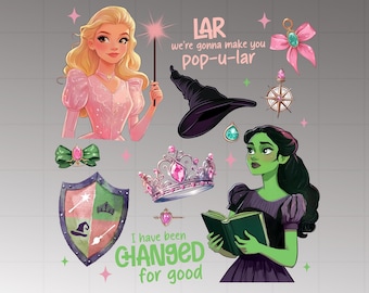 Wicked Changed For Good Postzegels png, Wizard Defying Gravity png, roze en groene musical, bezemsteel toverstaf png