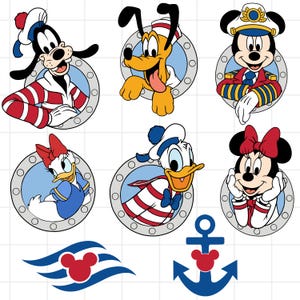 Könnte beinhalten: Illustrationen von Zeichentrickfiguren, darunter Goofy, Pluto, Mickey Mouse, Daisy Duck, Donald Duck und Minnie Mouse, jeweils in einem kreisförmigen Bullauge dargestellt. Die Charaktere tragen nautische Kleidung, mit einem Farbton von Blau und Rot.
