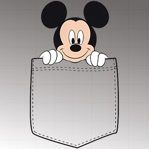 May include: A cartoon illustration of Mickey Mouse peeking over a pocket. Mickey Mouse has black ears, a black nose, and a smiling face. The pocket is gray with a stitched outline.