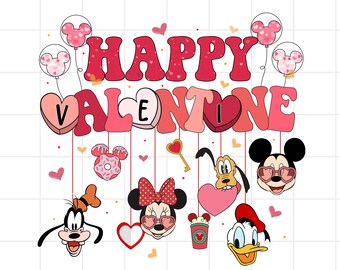 Può includere: Una grafica di San Valentino con la scritta "Happy Valentine" in lettere a bolle rosse e rosa. Il design include personaggi dei cartoni animati come Topolino e Minnie, Pippo, Paperino e Pluto, insieme a palloncini a forma di cuore e altri elementi di San Valentino.