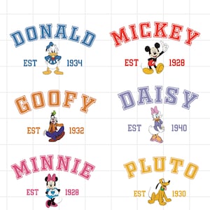 May include: A collection of six cartoon character designs. Each design features a character's name in a collegiate-style font, with the year of establishment below. Characters include Donald, Mickey, Goofy, Daisy, Minnie, and Pluto.