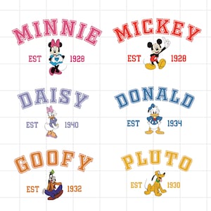 Könnte beinhalten: Eine Sammlung von Cartoon-Charakter-Designs, darunter Minnie, Mickey, Daisy, Donald, Goofy und Pluto. Jedes Design zeigt den Namen des Charakters in einer fetten, bogenförmigen Schriftart mit dem Gründungsjahr darunter. Die Charaktere sind in ihren klassischen Outfits dargestellt.