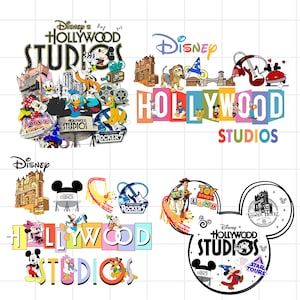 Puede incluir: Una colección de logotipos y gráficos de Disney's Hollywood Studios. Los diseños presentan varios personajes de Disney, incluyendo Mickey Mouse, el Pato Donald y Goofy, junto con atracciones del parque y las palabras "Hollywood Studios". Los logotipos son de varios colores y estilos.