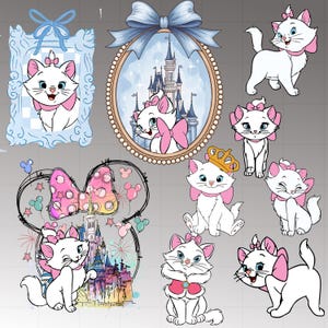 Può includere: Raccolta di illustrazioni raffiguranti un gatto bianco con un fiocco rosa, simile a Marie de Gli Aristogatti Disney. Le immagini includono il gatto in varie pose, incorniciato da fiocchi, un castello e orecchie di Minnie Mouse.