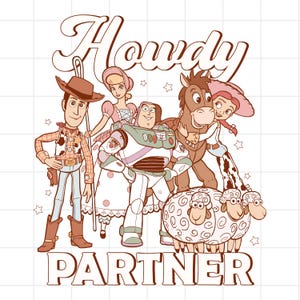 Puede incluir: Gr&aacute;fico en tonos sepia con personajes de la franquicia Toy Story. La imagen incluye a Woody, Buzz Lightyear, Bo Peep, Jessie, Bullseye y ovejas. La palabra "Howdy" est&aacute; en la parte superior y "Partner" en la inferior.