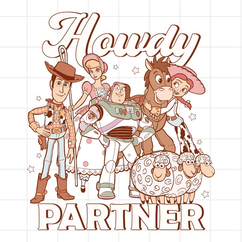 Puede incluir: Gr&aacute;fico en tonos sepia con personajes de la franquicia Toy Story. La imagen incluye a Woody, Buzz Lightyear, Bo Peep, Jessie, Bullseye y ovejas. La palabra "Howdy" est&aacute; en la parte superior y "Partner" en la inferior.