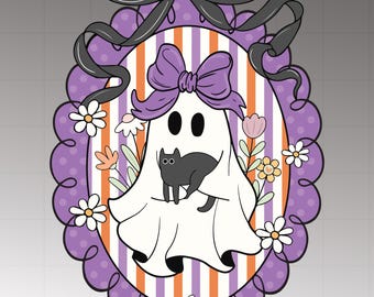 May include: An oval-shaped illustration featuring a friendly ghost with a black cat, adorned with a purple bow and surrounded by flowers. The background has vertical stripes in purple and orange, framed by a scalloped border and a black bow.