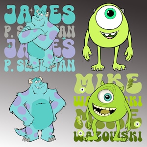 May include: Illustration featuring two characters from the animated film Monsters, Inc. One is a large, blue monster with purple spots, the other is a green, one-eyed monster. Text includes the names "James P. Sullivan" and "Mike Wazowski".