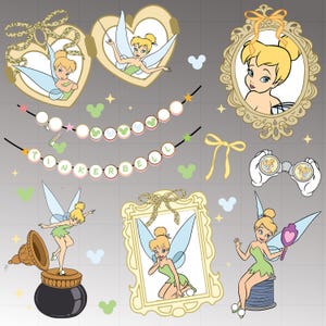 May include: A collection of Tinkerbell-themed illustrations. The images include framed portraits, heart-shaped pendants, and a banner spelling "TINKERBELL". The color palette features gold, green, and light blue.
