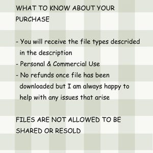 May include: Text on a light green and white checkered background reads "WHAT TO KNOW ABOUT YOUR PURCHASE". Additional text includes information about file types, personal and commercial use, and refund policies. The text also states that files are not allowed to be shared or resold.