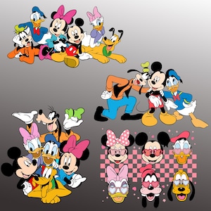 May include: A collection of cartoon character illustrations featuring Mickey Mouse, Minnie Mouse, Donald Duck, Daisy Duck, Goofy, and Pluto. The characters are in various poses, with vibrant colors and distinct outlines. Some characters wear heart-shaped sunglasses.
