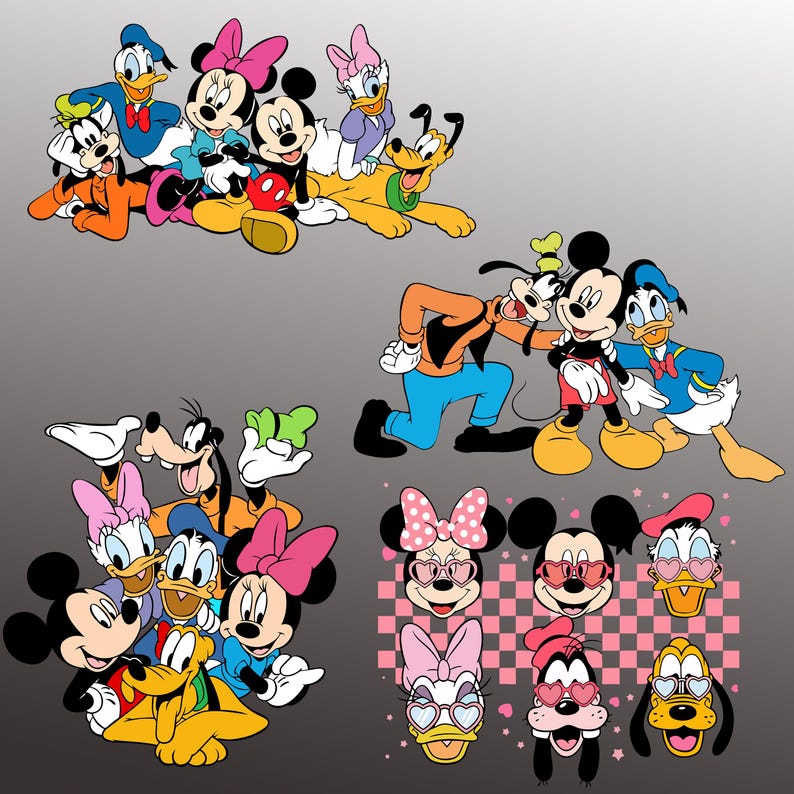 K&ouml;nnte beinhalten: Illustrationen von Zeichentrickfiguren, darunter Micky und Minnie Maus, Donald und Daisy Duck, Goofy und Pluto. Die Charaktere sind in verschiedenen Posen dargestellt, mit leuchtenden Farben und klaren Umrissen. Einige Charaktere tragen herzf&ouml;rmige Sonnenbrillen.