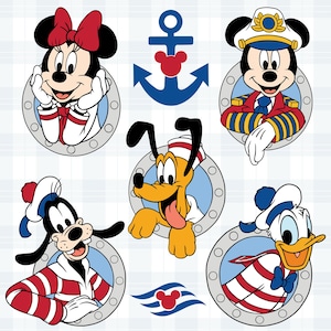 Könnte beinhalten: Ein Set mit sechs bunten Comicfiguren-Illustrationen mit Mickey Mouse, Minnie Mouse, Goofy, Pluto, Donald Duck und einem Anker. Jede Figur trägt ein Matrosen-Outfit mit roten und weißen Streifen. Die Figuren sind vor einem weißen Hintergrund mit einem blau-weiß karierten Muster platziert.