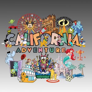 Puede incluir: Una ilustración colorida con varios personajes y atracciones de Disney de California Adventure. El texto "CALIFORNIA ADVENTURE" se muestra de forma prominente en una fuente arcoíris. La imagen incluye a Mickey Mouse, Goofy, Ariel y otros personajes queridos.