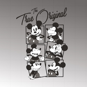 Pode incluir: Gráfico a preto e branco com Mickey Mouse em seis poses diferentes, cada uma dentro de uma moldura quadrada. A frase "The True Original" está escrita em uma fonte estilizada acima do personagem.