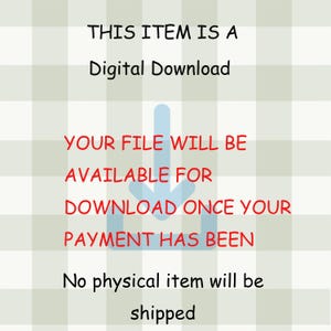 May include: Image with text stating "THIS ITEM IS A Digital Download. YOUR FILE WILL BE AVAILABLE FOR DOWNLOAD ONCE YOUR PAYMENT HAS BEEN. No physical item will be shipped." The text is in black and red on a light green and white checkered background.