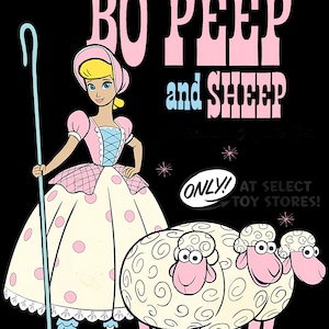 May include: A cartoon illustration of Bo Peep from Toy Story, holding a shepherd's crook, with three sheep. The image features Bo Peep in a pink and white dress with pink polka dots. The text "BO PEEP and SHEEP" is displayed in pink and blue.