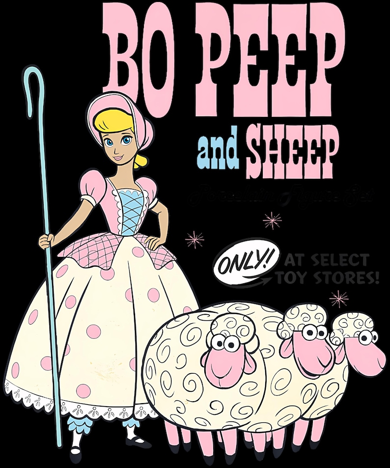 May include: A cartoon illustration of Bo Peep from Toy Story, holding a shepherd's crook, with three sheep. The image features Bo Peep in a pink and white dress with pink polka dots. The text "BO PEEP and SHEEP" is displayed in pink and blue.