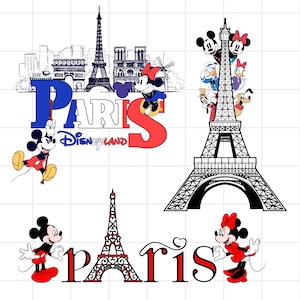 May include: A colorful illustration of Mickey Mouse and Minnie Mouse in front of the Eiffel Tower with the word "Paris" in red, white, and blue letters. The text "Disneyland" is also included in the image.