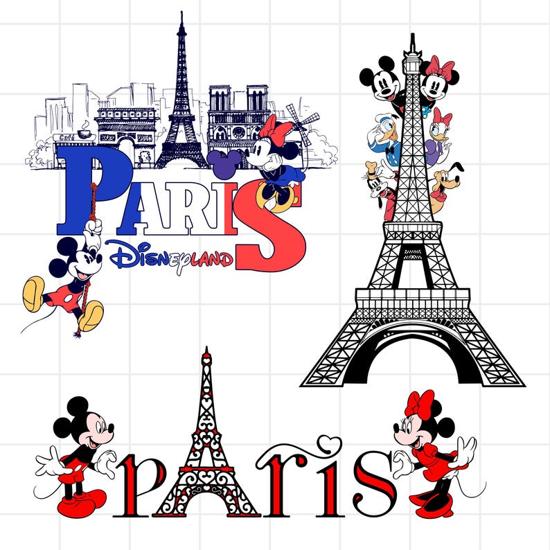 May include: A colorful illustration of Mickey Mouse and Minnie Mouse in front of the Eiffel Tower with the word "Paris" in red, white, and blue letters. The text "Disneyland" is also included in the image.