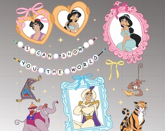 Coquette Jasmine e Aladdin PNG, Jasmine stampabile PNG, Principessa araba PNG, Compleanno di Jasmine, Clipart acquerello, Tigre, Scimmia, Castello