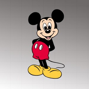 Puede incluir: Una ilustración gráfica de Mickey Mouse con cabeza negra, grandes orejas redondas, cara color canela y una amplia sonrisa. El personaje viste pantalones cortos de color rojo brillante con dos botones ovalados blancos y zapatos amarillos grandes sobre un fondo de cuadrícula.