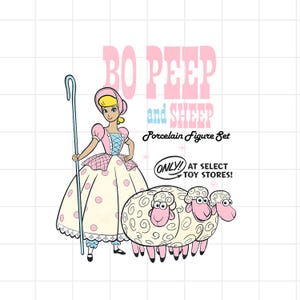 May include: A cartoon illustration of Bo Peep from Toy Story, holding a shepherd's crook, with two sheep. Bo Peep is wearing a pink and white dress. The text reads "Bo Peep and Sheep Porcelain Figure Set".