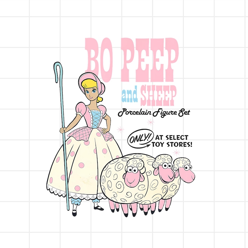 May include: A cartoon illustration of Bo Peep from Toy Story, holding a shepherd's crook, with two sheep. Bo Peep is wearing a pink and white dress. The text reads "Bo Peep and Sheep Porcelain Figure Set".