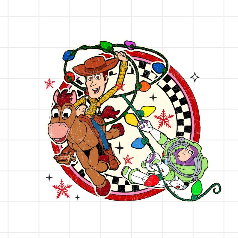 May include: A red and white circular design with a checkered pattern.  Woody from Toy Story is riding a brown horse with a red saddle.  Buzz Lightyear is hanging from a string of colorful lights.  The design has a distressed look.