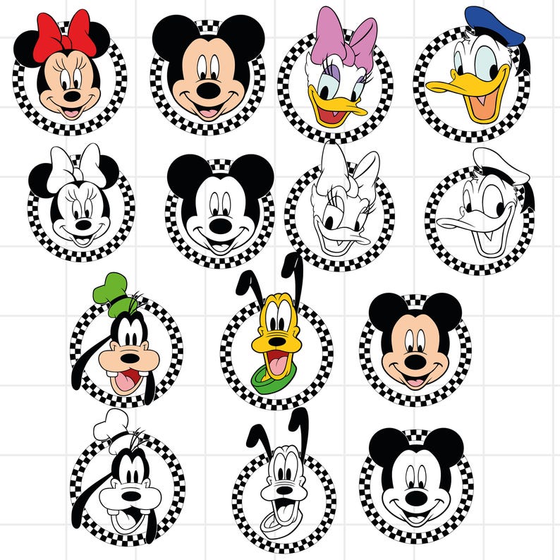Pu&ograve; includere: Una collezione di volti di personaggi dei cartoni animati, tra cui Topolino, Minnie, Paperino, Paperina, Pippo e Pluto. Ogni personaggio &egrave; ambientato su uno sfondo a scacchi in bianco e nero, creando un design giocoso.