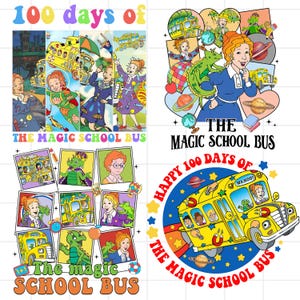 Può includere: Una collezione di grafiche colorate con personaggi e l'iconico scuolabus giallo della serie "The Magic School Bus". I disegni includono il testo "100 days of" e "Happy 100 days of The Magic School Bus".