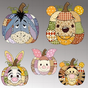 May include: Five colorful patchwork pumpkins featuring beloved characters. Eeyore, Winnie the Pooh, Rabbit, Piglet, and Tigger are depicted with stitched details. Each pumpkin has a brown stem and is made of various patterned fabrics.