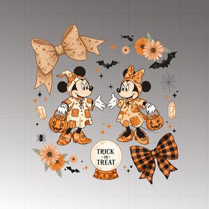 May include: Illustration of Mickey and Minnie Mouse in Halloween costumes, holding hands. They are surrounded by pumpkins, bats, flowers, and bows. A crystal ball reads "Trick or Treat". The color palette includes orange, brown, and black.