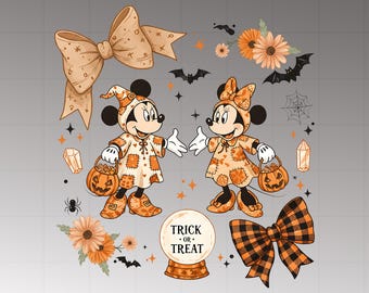 Mickey And Minnie Coquette Png,Patchwork Fall png, Autumn png, Fall Girly png, Fall Sublimation,Pumpkin png, Halloween Coquette  Trick Track