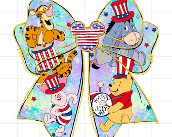 Winnie  4th Of July Coquette PNG, Cartoon 4th July Png, Fourth Of July Designs, Independence Day, Bear Coquette bow 4th Of July PNG,Bow Png,