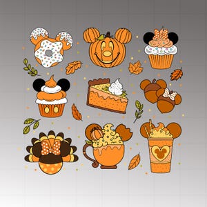 May include: A collection of fall-themed illustrations featuring Mickey Mouse ears. Includes a pumpkin, cupcakes, a slice of pie, acorns, a turkey, a coffee cup, a donut, and a to-go cup, all in shades of orange, brown, and yellow.