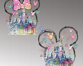 Pacchetto PNG Castello Topolino Acquerello, PNG Castello Orecchie Topolino, PNG Castello Colorato Retrò, PNG Disegno Sublimazione, PNG Regno Magico, Sublimazione