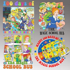 Può includere: Una collezione di grafiche colorate con personaggi e l'iconico scuolabus giallo della serie "The Magic School Bus". Le immagini includono il testo "100 giorni di" e "Happy 100 days of The Magic School Bus".