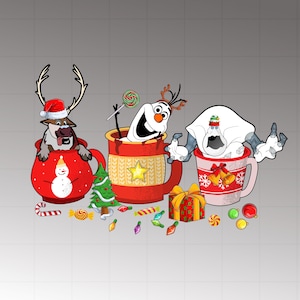 May include: A festive illustration featuring three mugs with holiday characters. A reindeer in a Santa hat is in a red mug with a snowman. Olaf is in a red mug with a star. A snow monster is in a pink mug with bells.