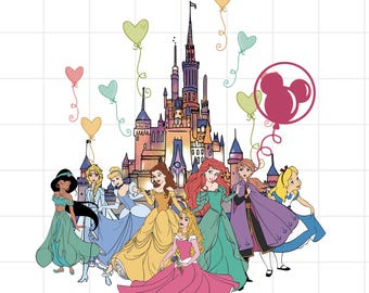 ディズニーランドの水彩画プリンセスPNG、ディズニーワールドのプリンセスPNG、ディズニーランドのプリンセスの城PNG、家族旅行シャツ、女子旅シャツ