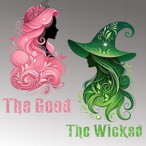 Può includere: Due illustrazioni stilizzate. Una raffigura una principessa con capelli rosa e corona, con la scritta "The Good". L'altra mostra una strega con capelli e cappello verdi, con la scritta "The Wicked".