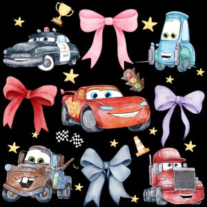May include: A watercolour illustration on a black background featuring cartoon cars, bows, stars, and a trophy. The cars include a police car, a red race car with the number 95, a tow truck, a forklift, and a red truck. Pink, blue, and purple bows are also included.