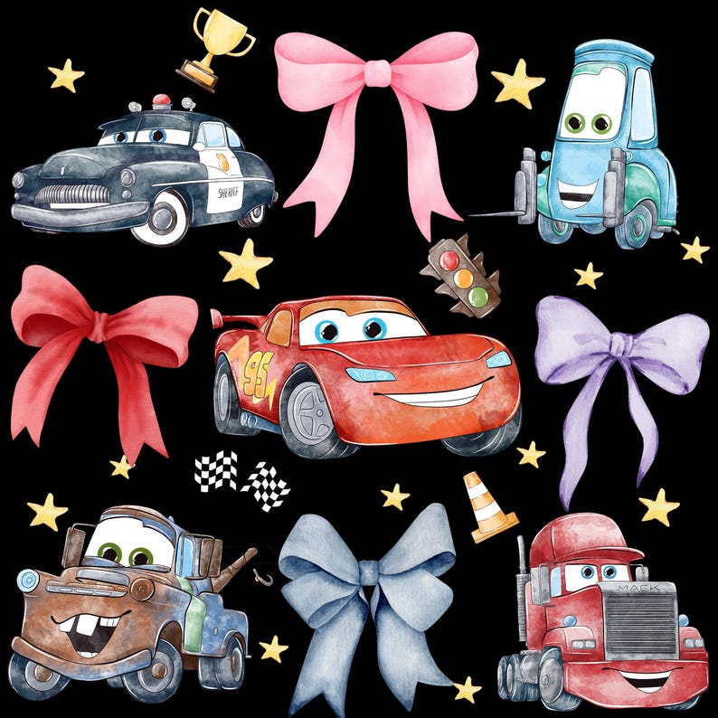May include: A watercolour illustration on a black background featuring cartoon cars, bows, stars, and a trophy. The cars include a police car, a red race car with the number 95, a tow truck, a forklift, and a red truck. Pink, blue, and purple bows are also included.