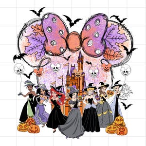 Puede incluir: Un gráfico temático de Halloween con princesas de Disney con disfraces de brujas, un castillo, calabazas, murciélagos y un gran lazo con un diseño de hojas de otoño. Las princesas visten vestidos negros y grises, sostienen calabazas y llevan sombreros de bruja.