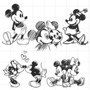 Puede incluir: Ilustraciones en boceto en blanco y negro de Mickey Mouse y Minnie Mouse en varias poses. Las imágenes incluyen a Mickey de pie, a Minnie caminando y a la pareja abrazándose y besándose. El estilo recuerda al arte de dibujos animados clásicos.