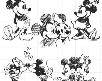 Desenho à mão livre do Mickey e da Minnie em PNG, Desenho em preto e branco do Mickey e da Minnie em PNG, Viagem ao Reino Mágico em PNG