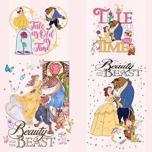 May include: Four different designs featuring Belle and the Beast from Disney's Beauty and the Beast. The designs include a rose, a stained glass window, and the text "Tale as Old as Time" and "Beauty and the Beast".